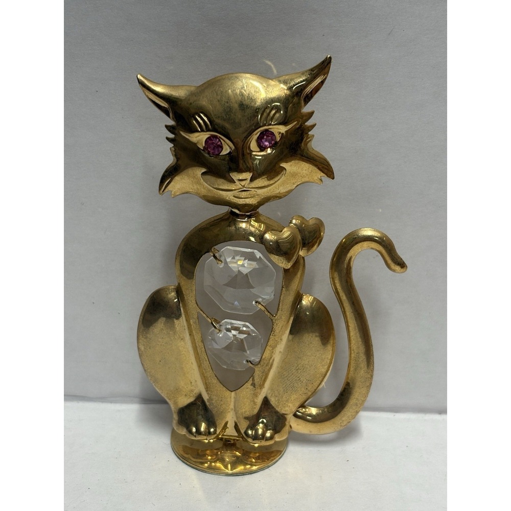 Cat Kitty 24 Gold Plated Austrian Crystal Figurine Mascot‎ USA Pink Eyes  4 in